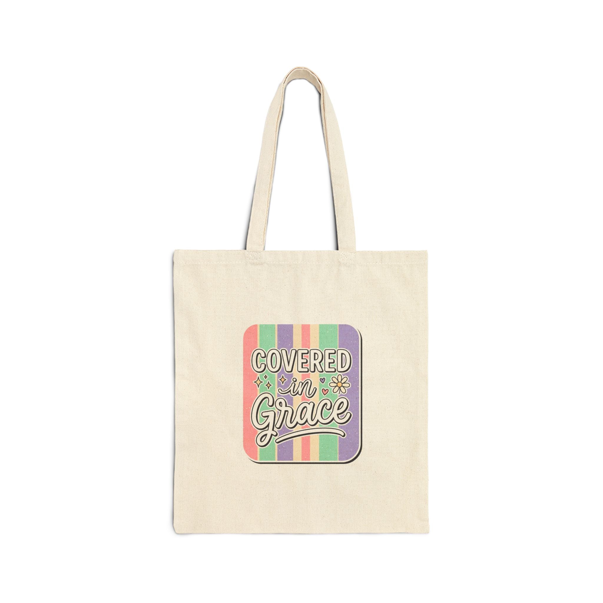 Covered in Grace Tote | Christian faith rainbow scripture design