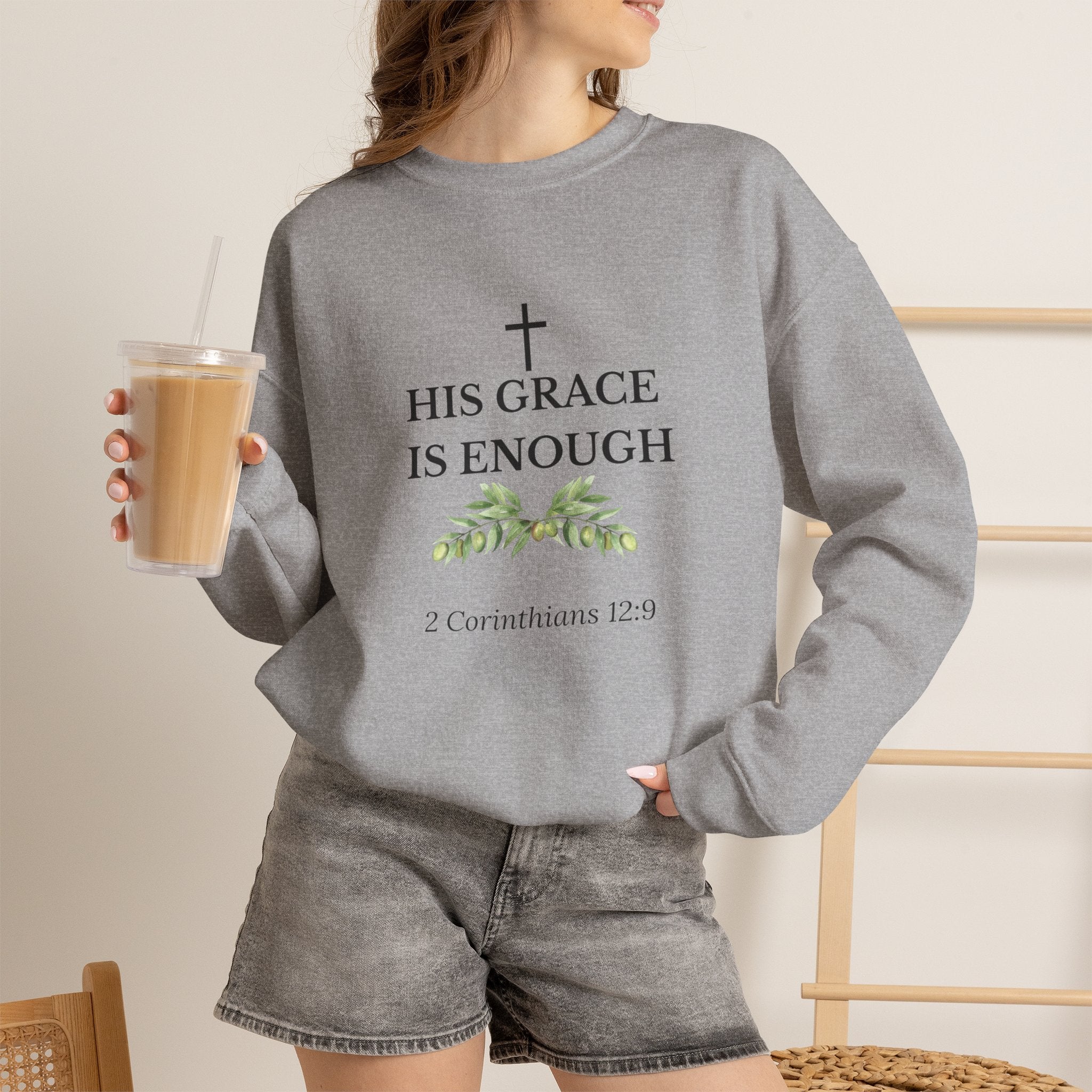His Grace Is Enough Sweatshirt — Christian Crewneck with 2 Corinthians 12:9