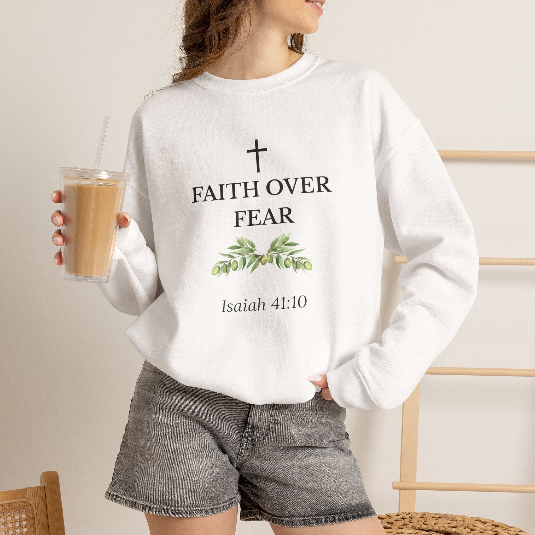 Faith Over Fear Crewneck Sweatshirt — Isaiah 41:10 Christian Scripture Pullover