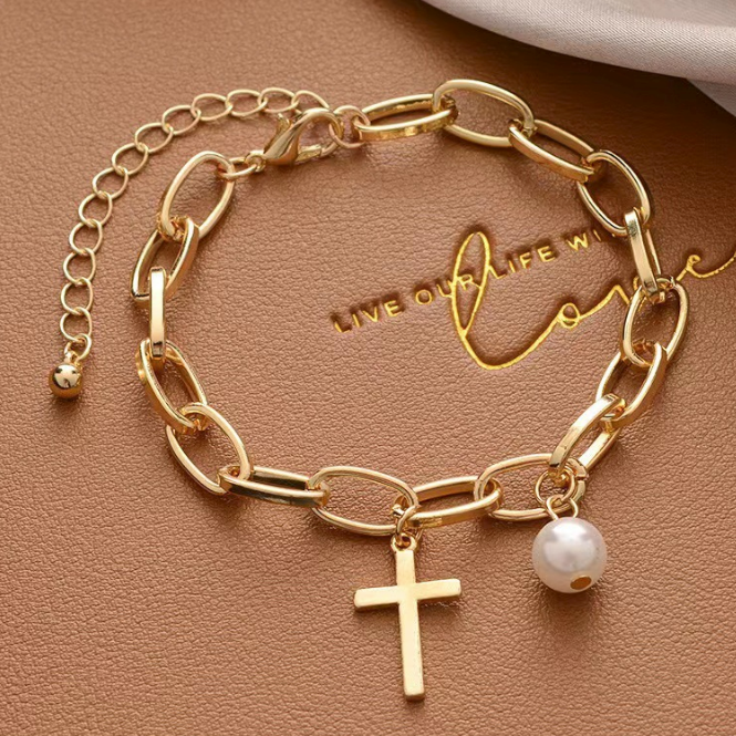 Faith Cross Pearl Link Bracelet